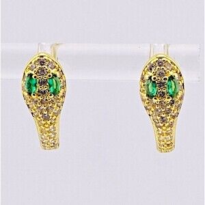 Snake Hoops Emerald Eyes Petite Pave Earrings Navette Heavy Gold Plate Lab Creat
